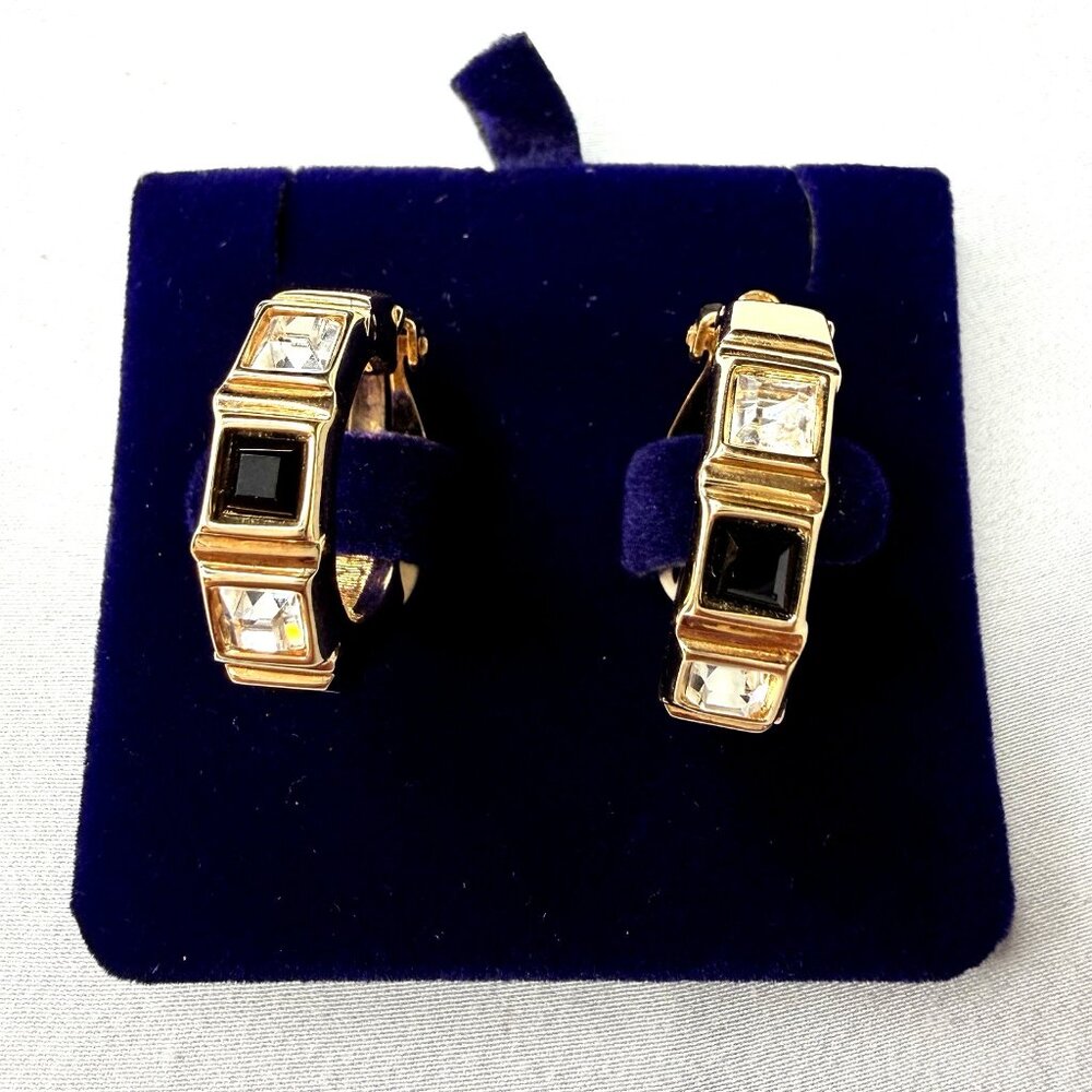 Vintage Swarovski Signed Swan Clip-On Earrings Black & Clear Crystal Gold Tone